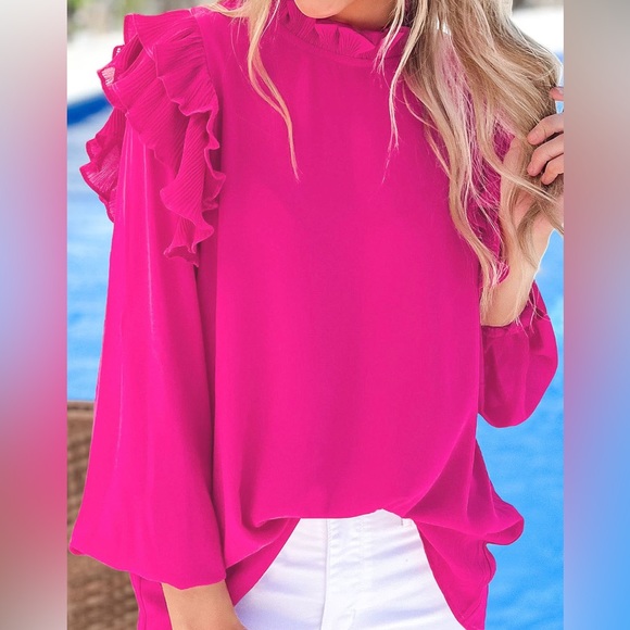 Tops - 🔥🔥Rose Button Keyhole Back Pleated Ruffled Blouse